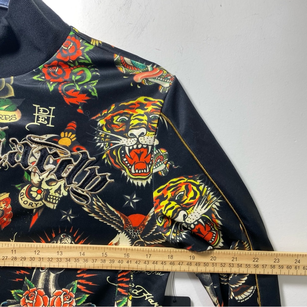 ED HARDY Y2K Shrunken Flashboard Track Jacket‎ M Black  Multi All Over Tattoo - Picture 10 of 11